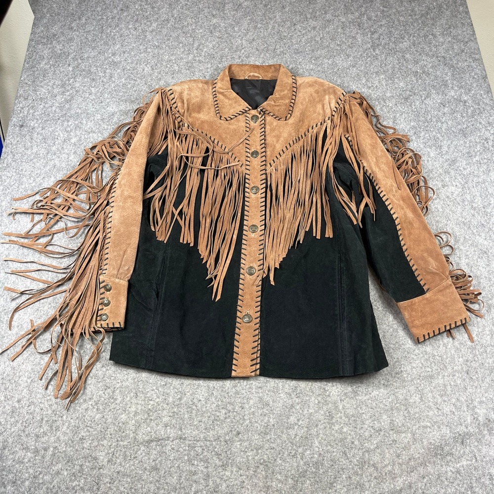 VTG Bob Mackie Wearable Art Suede Leather Jacket Black Tan Fringe Whipstitch Med - Picture 1 of 9